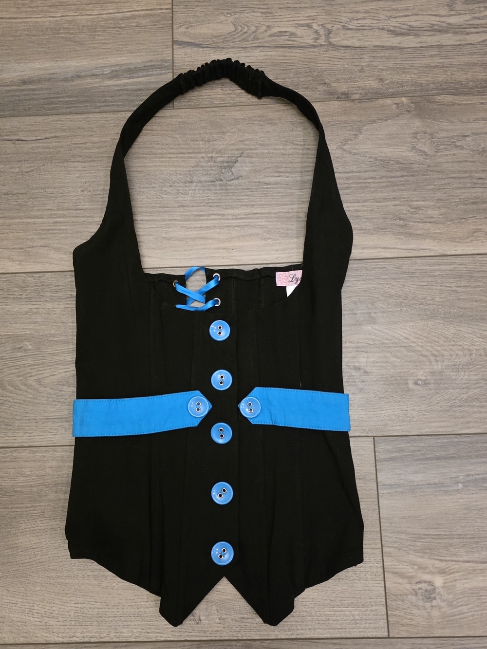 Black Halter Bustier Top with Bright Blue Accents - Women Intimates